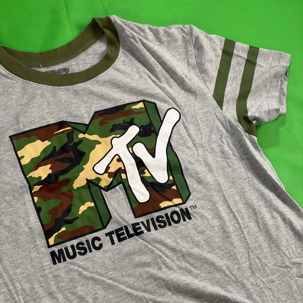 MTV Camo Logo Graphic Tee Womens 2X Gray Ringer Sleeve Stripe Retro T-Shirt